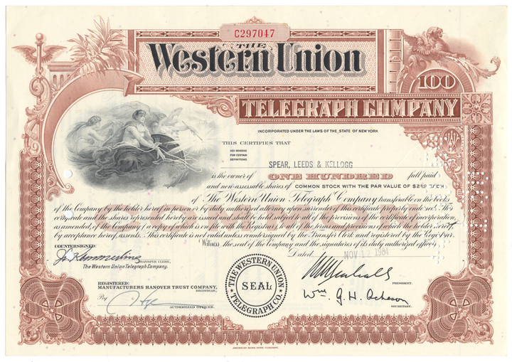 Western Union Telegraph Company Stock Certificate