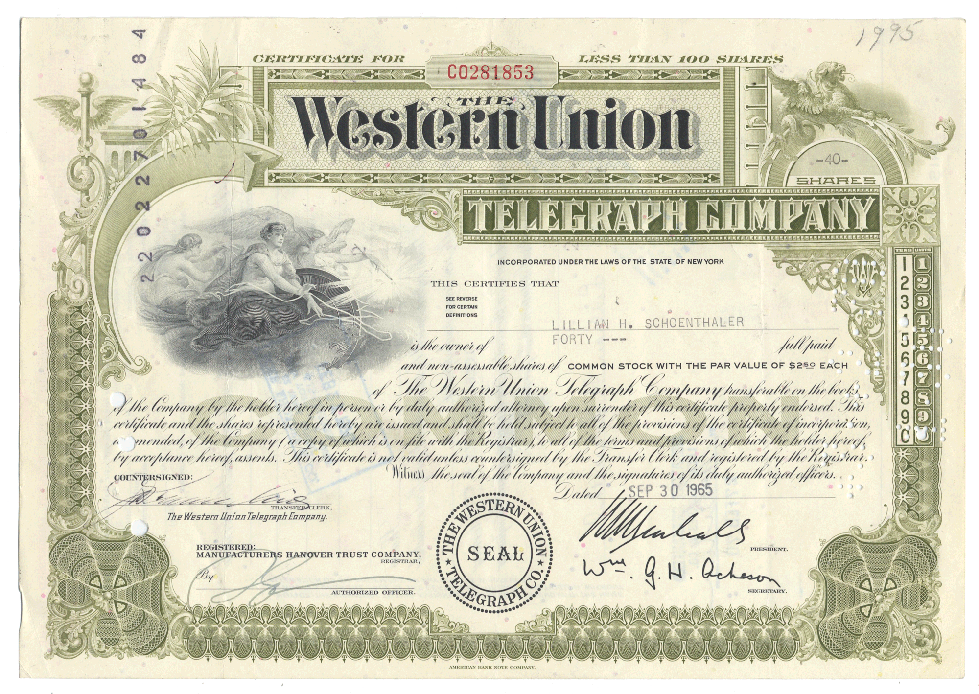 Western Union Telegraph Company stock certificate with decorative elements and text from 1965