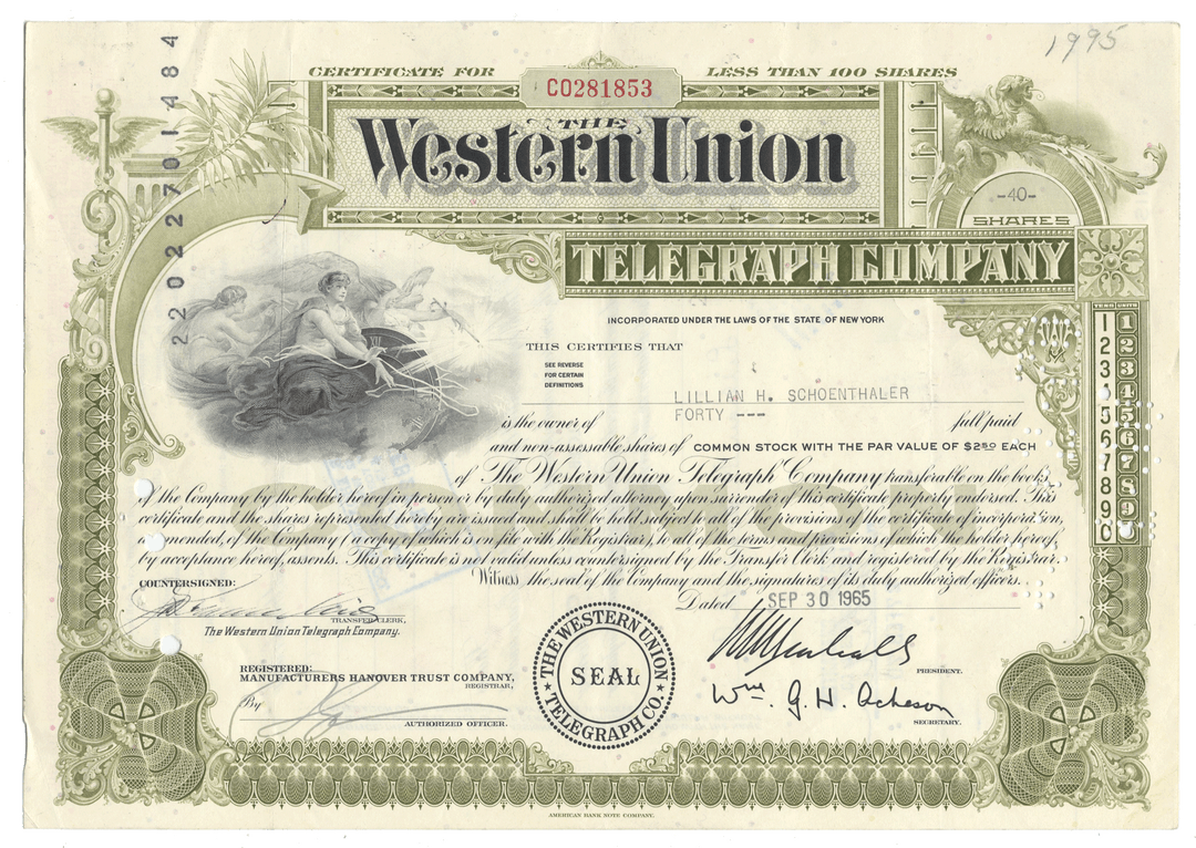 Western Union Telegraph Company stock certificate with decorative elements and text from 1965