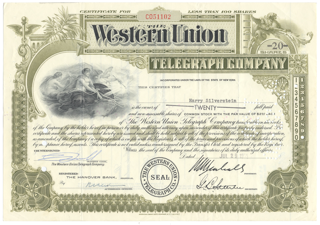 Western Union Telegraph Company Stock Certificate