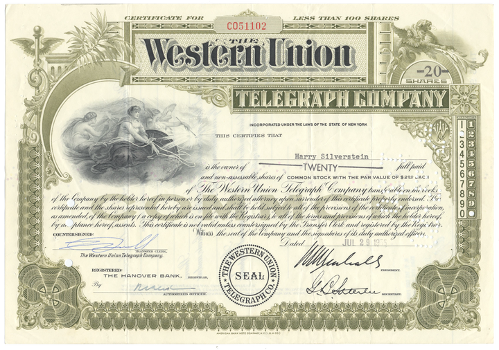 Western Union Telegraph Company Stock Certificate