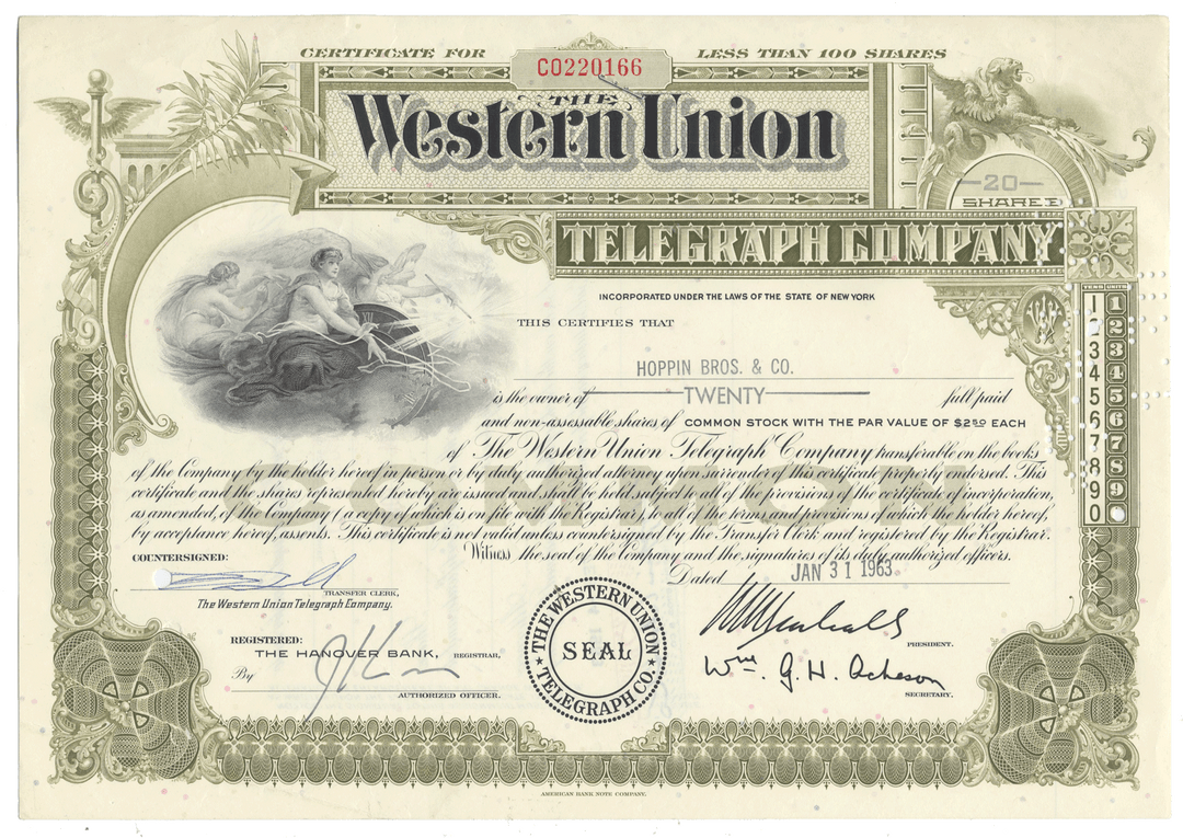 Western Union Telegraph Company Stock Certificate