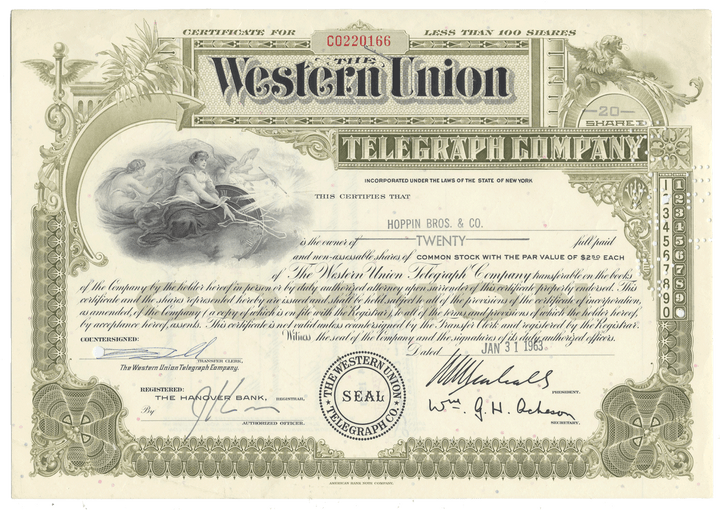 Western Union Telegraph Company Stock Certificate