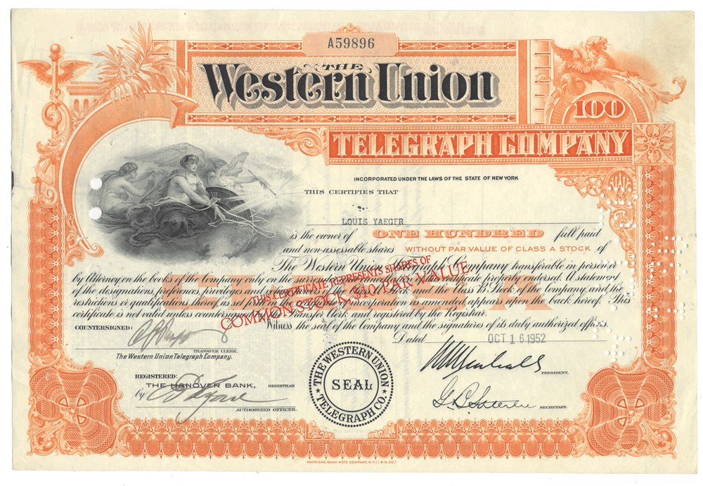Stock certificate of the Western Union Telegraph Company with decorative elements and text.