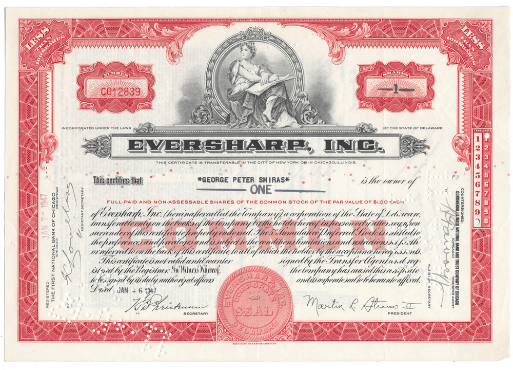 Eversharp, Inc. Stock Certificate