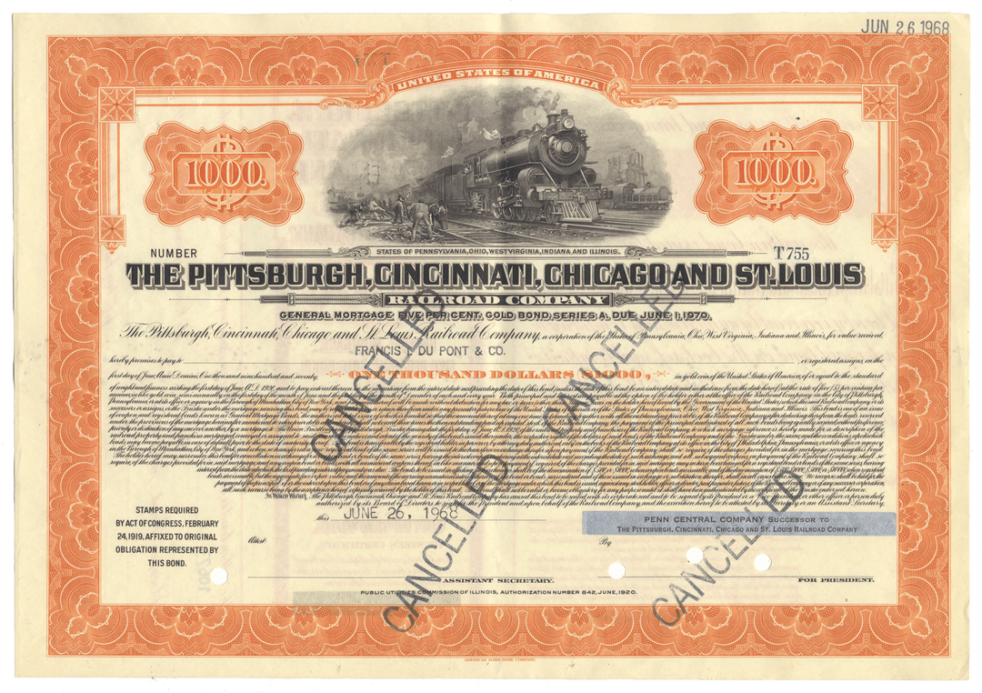 Vintage bond certificate for the Pittsburgh, Cincinnati, Chicago and St. Louis Railway Company with a train illustration from 1968