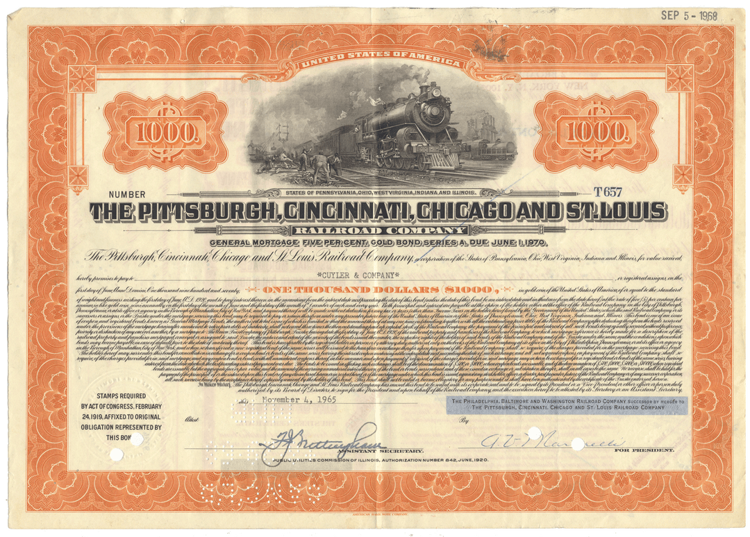 Vintage bond certificate for The Pittsburgh, Cincinnati, Chicago and St. Louis Railroad with a train illustration.