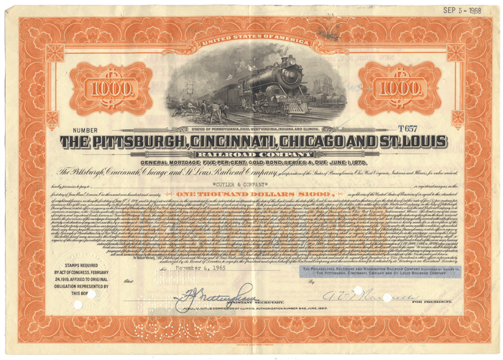 Vintage bond certificate for The Pittsburgh, Cincinnati, Chicago and St. Louis Railroad with a train illustration.