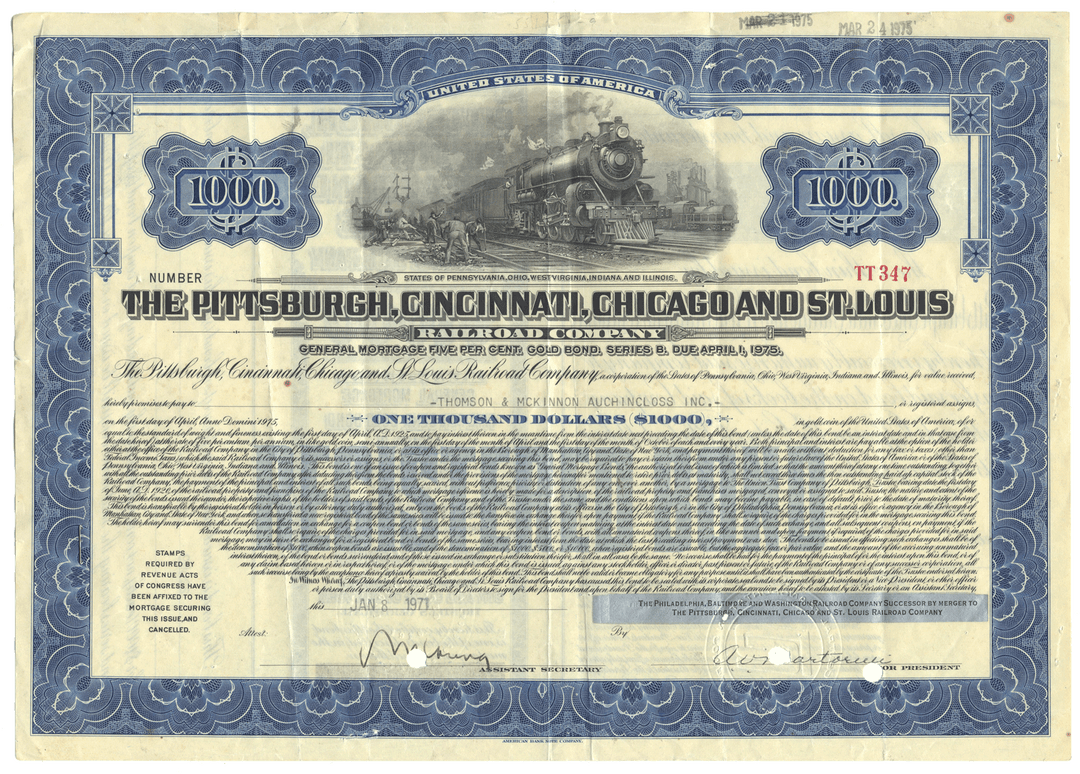 Vintage bond certificate for The Pittsburgh, Cincinnati, Chicago and St. Louis Railroad with a train illustration.