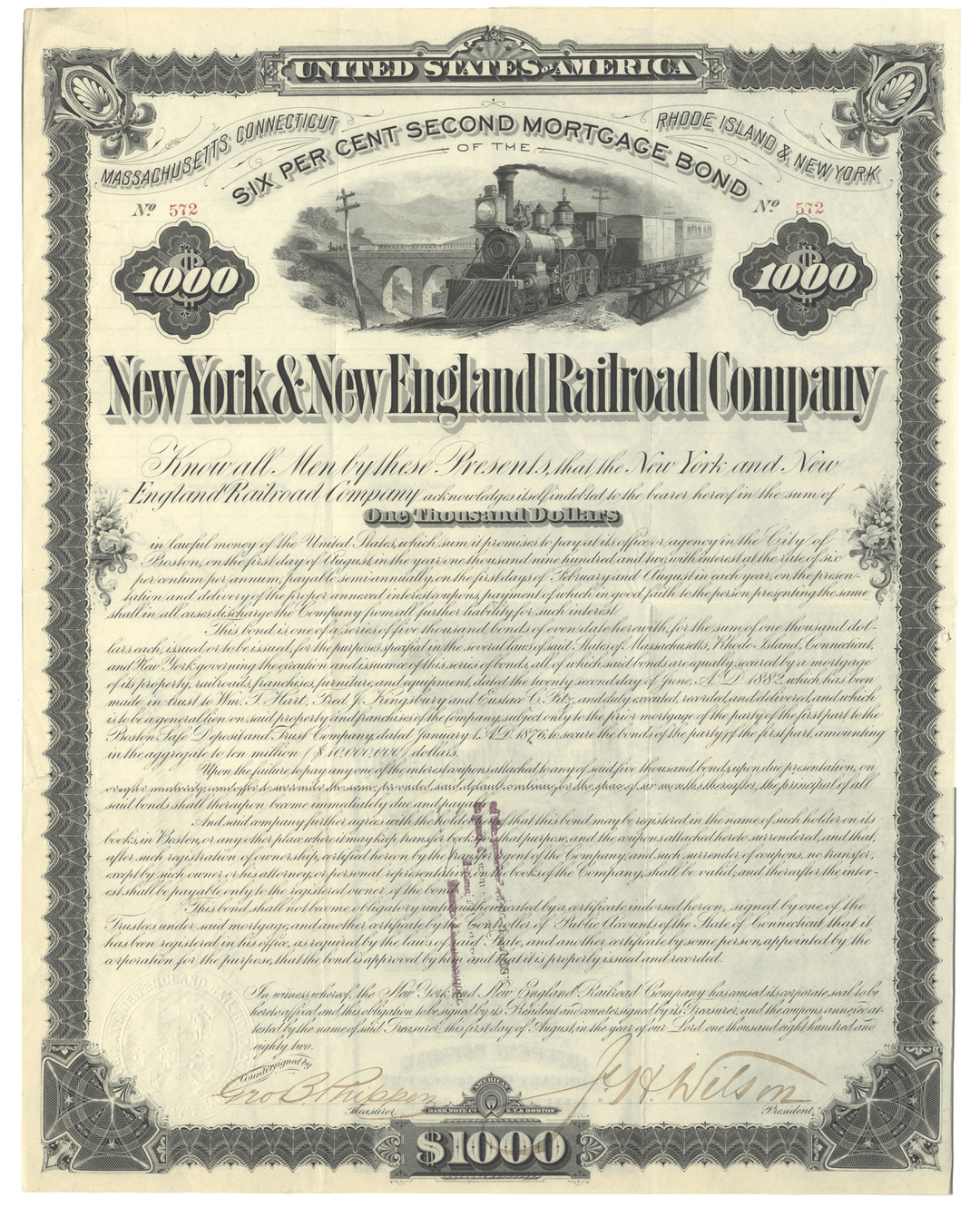 Mortgage bond certificate for New York & New England Railroad Company with train illustration.