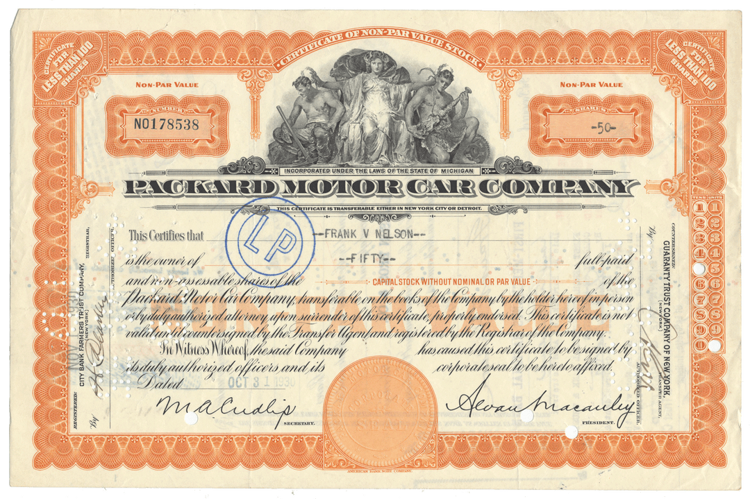 Vintage stock certificate from Packard Motor Car Company with decorative elements and text.