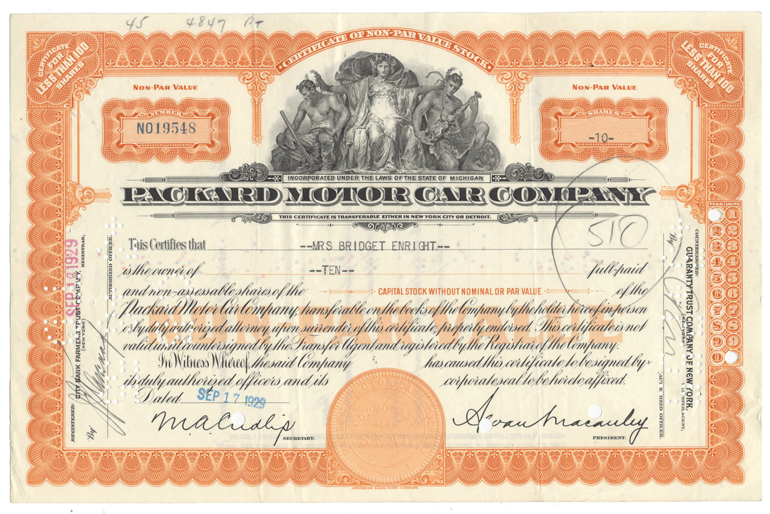 Vintage stock certificate from Packard Motor Car Company with decorative elements and text from 1929