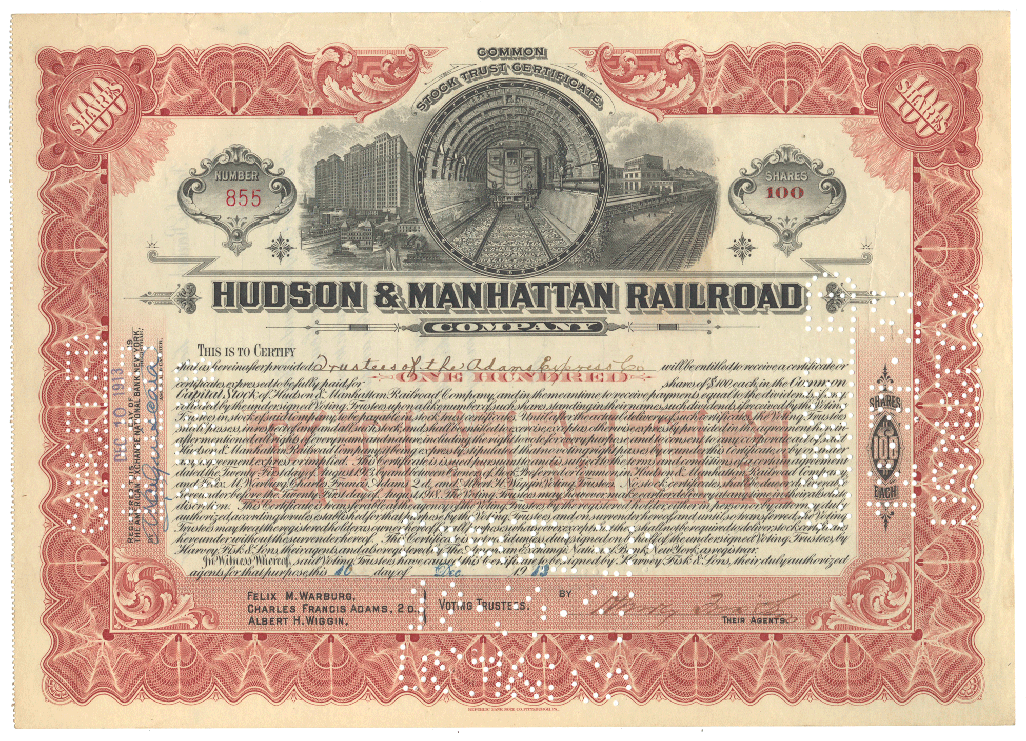 Vintage stock certificate for Hudson & Manhattan Railroad Company dating back to 1913