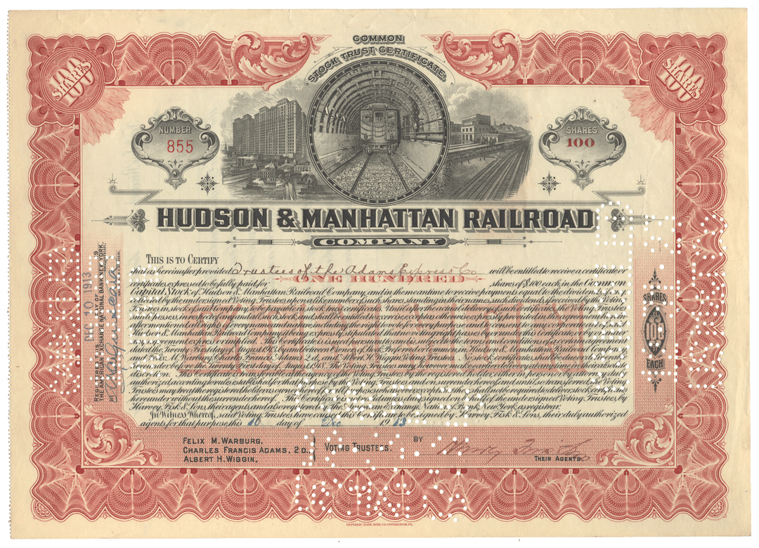Vintage stock certificate for Hudson & Manhattan Railroad Company dating back to 1913
