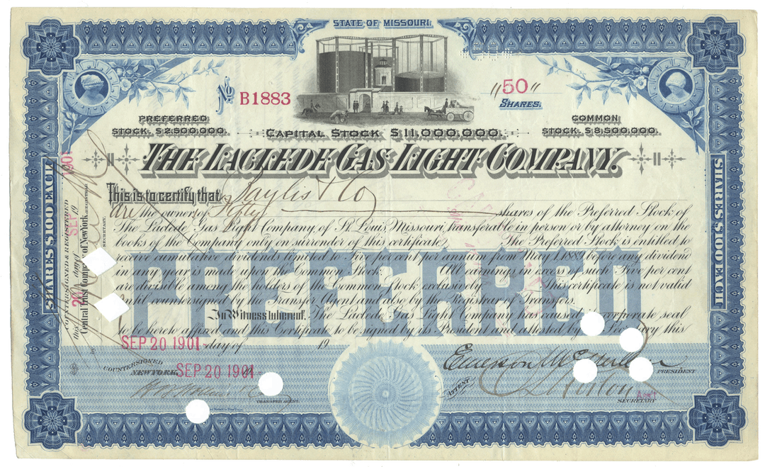Stock certificate of the Laclede Gas Light Company from 1901