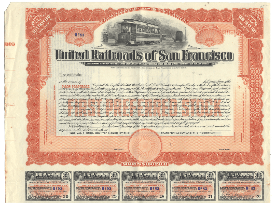 United Railroads of San Francisco stock certificate with tram illustration