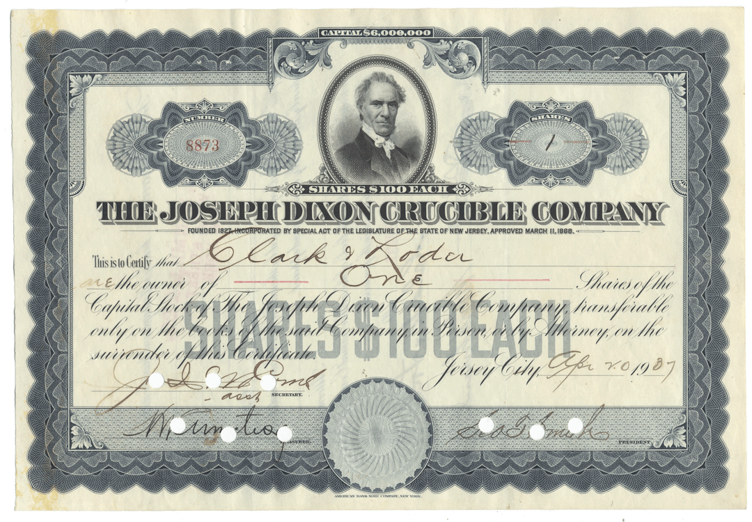 An antique stock certificate from The Joseph Dixon Crucible Company, dated 1937