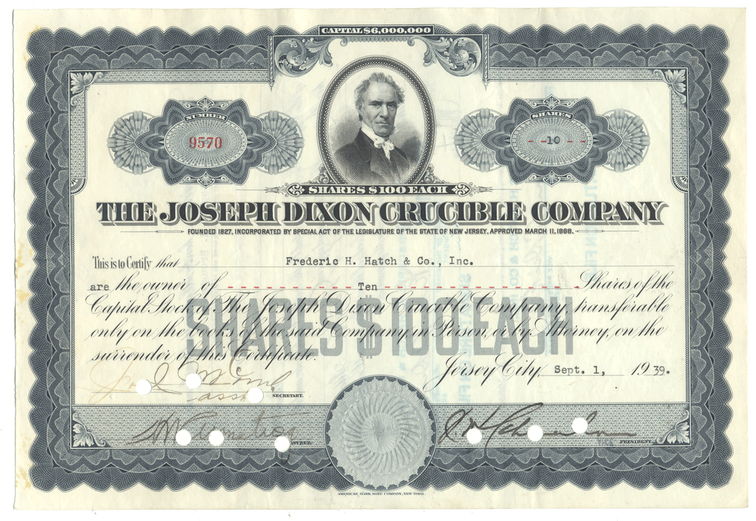 Share certificate from The Joseph Dixon Crucible Company with a portrait of a man and decorative elements.