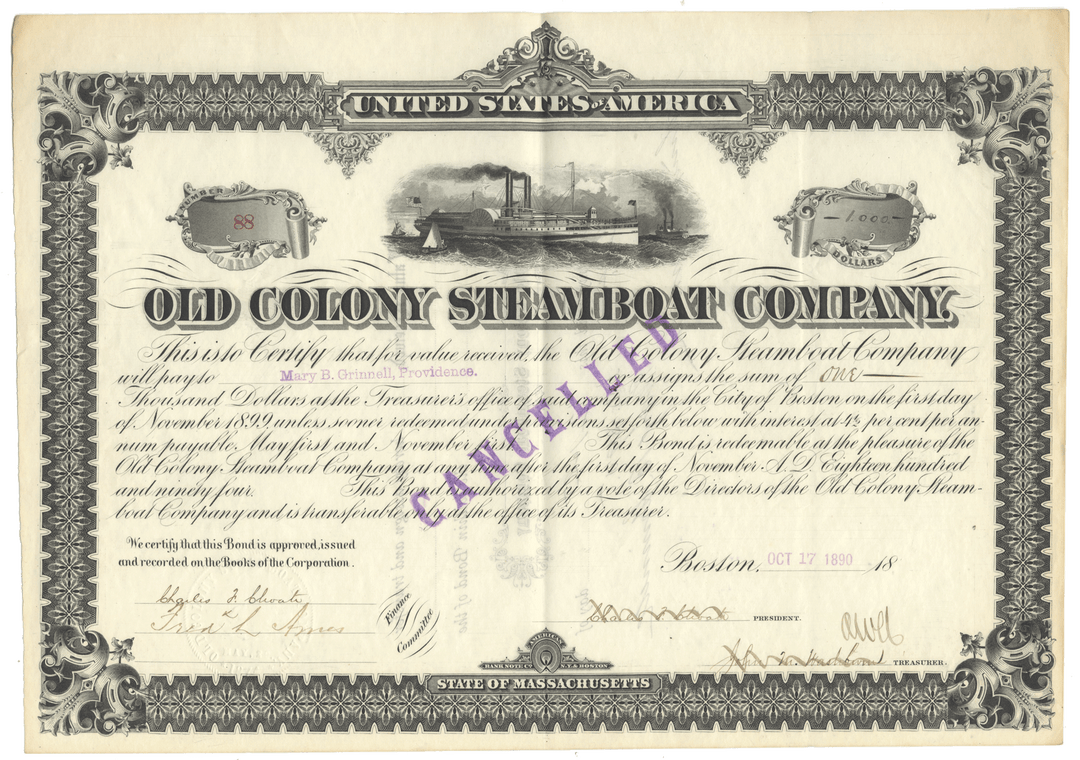 Old Colony Steamboat Company  Stock Certificate Signed by Frederick L. Ames