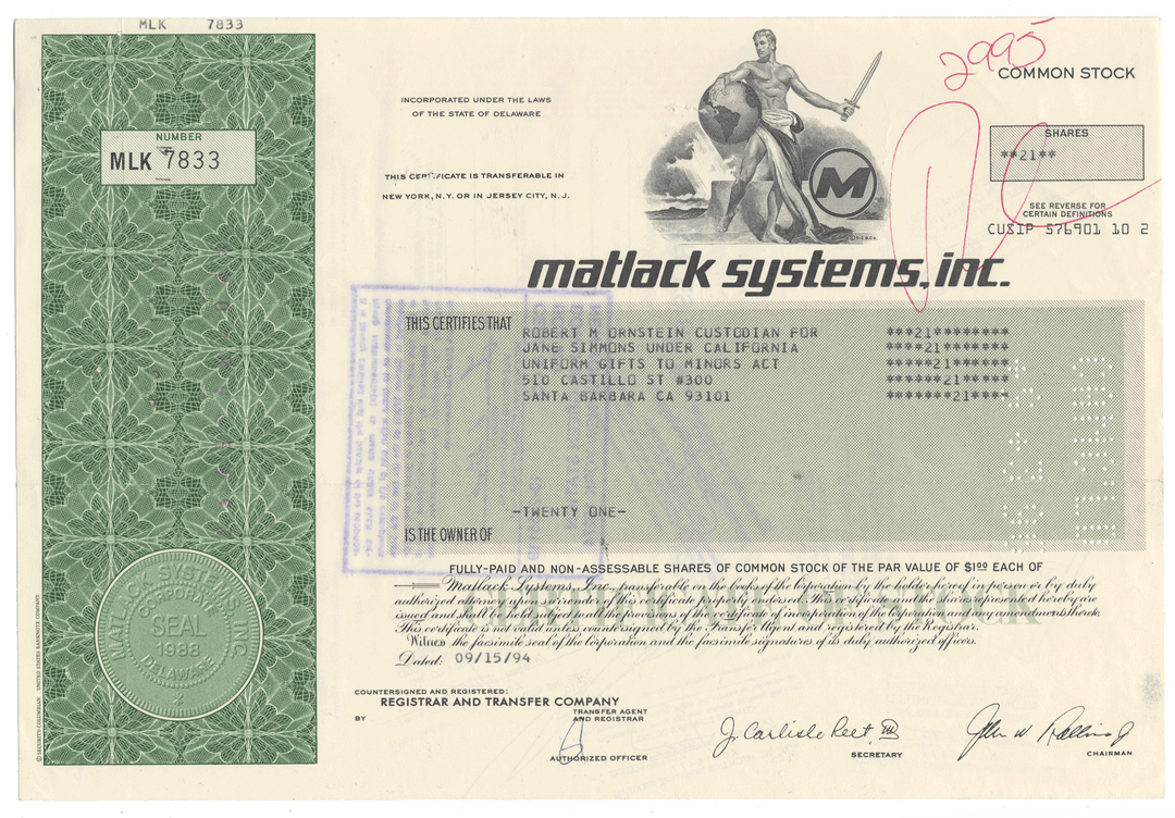 Vintage stock certificate for Malack Systems, Inc. with decorative elements and text.