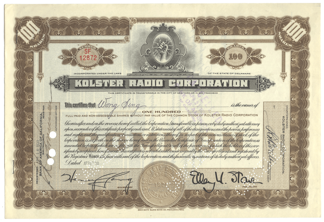 Kolster Radio Corporation Stock Certificate