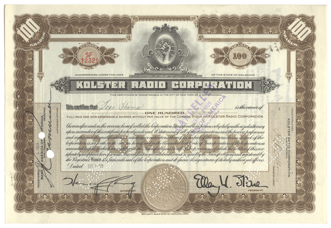 Kolster Radio Corporation stock certificate with decorative elements and text.