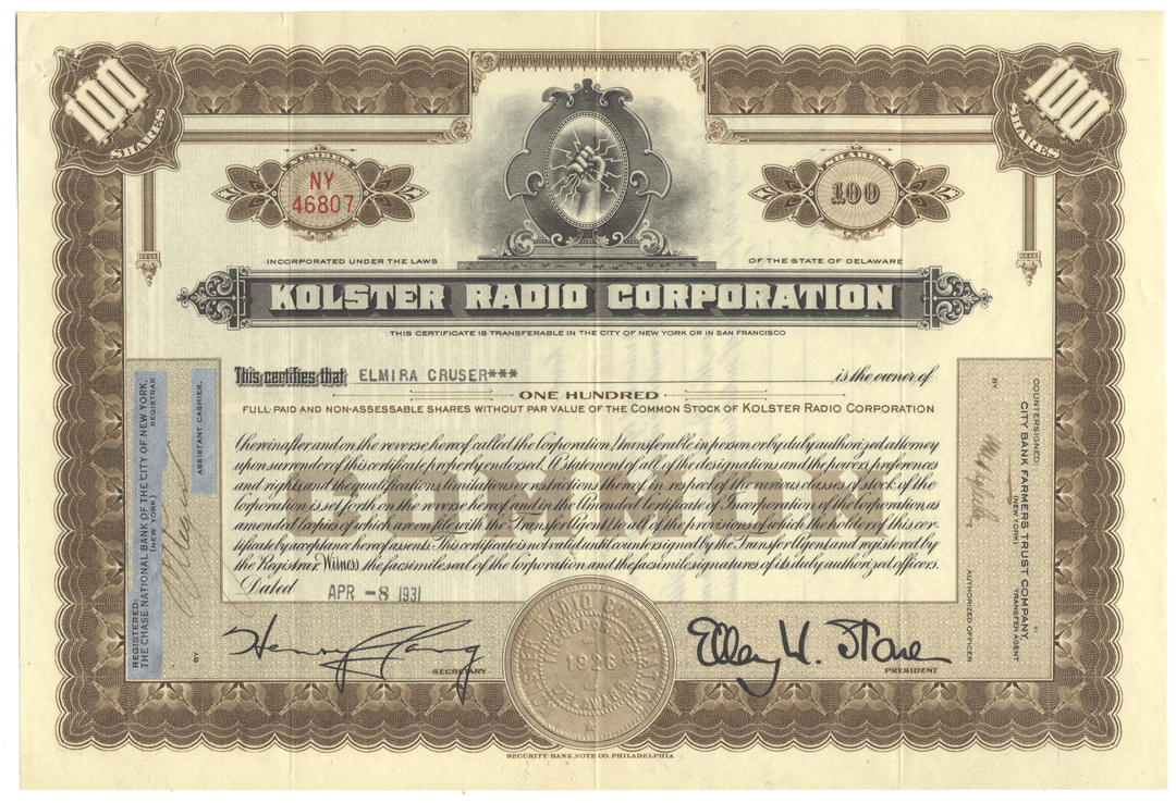 Vintage stock certificate of Kolster Radio Corporation with decorative elements and text.