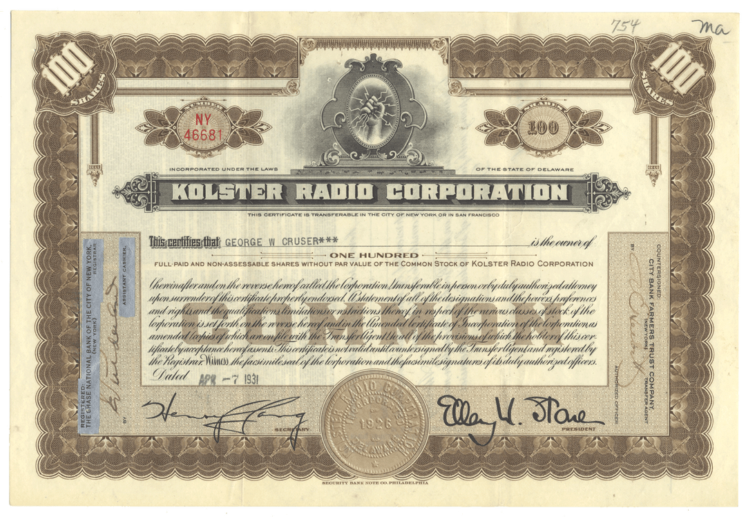 Vintage stock certificate of Kolster Radio Corporation from 1931