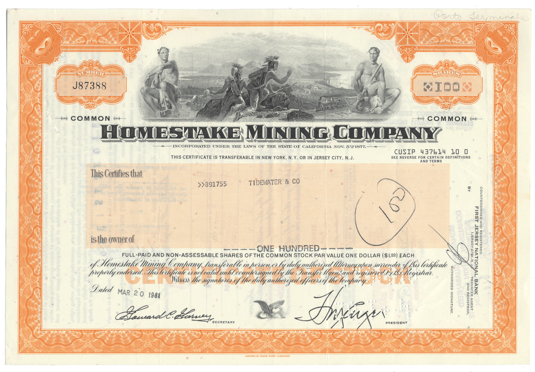 Homestake Mining Company stock certificate with illustration of miners and text.
