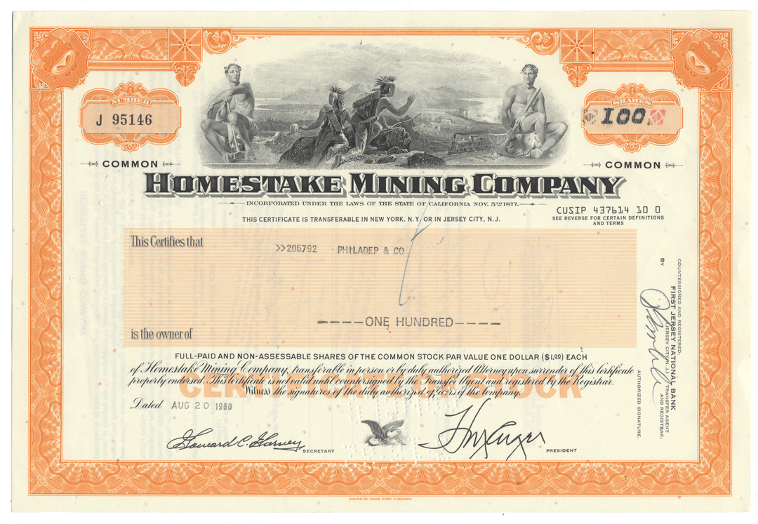 A vintage Homestake Mining Company stock certificate dated 1980