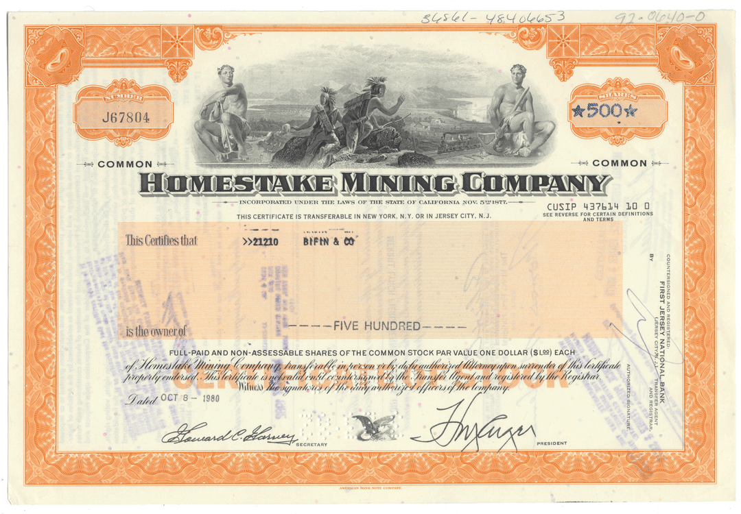 Homestake Mining Company Stock Certificate