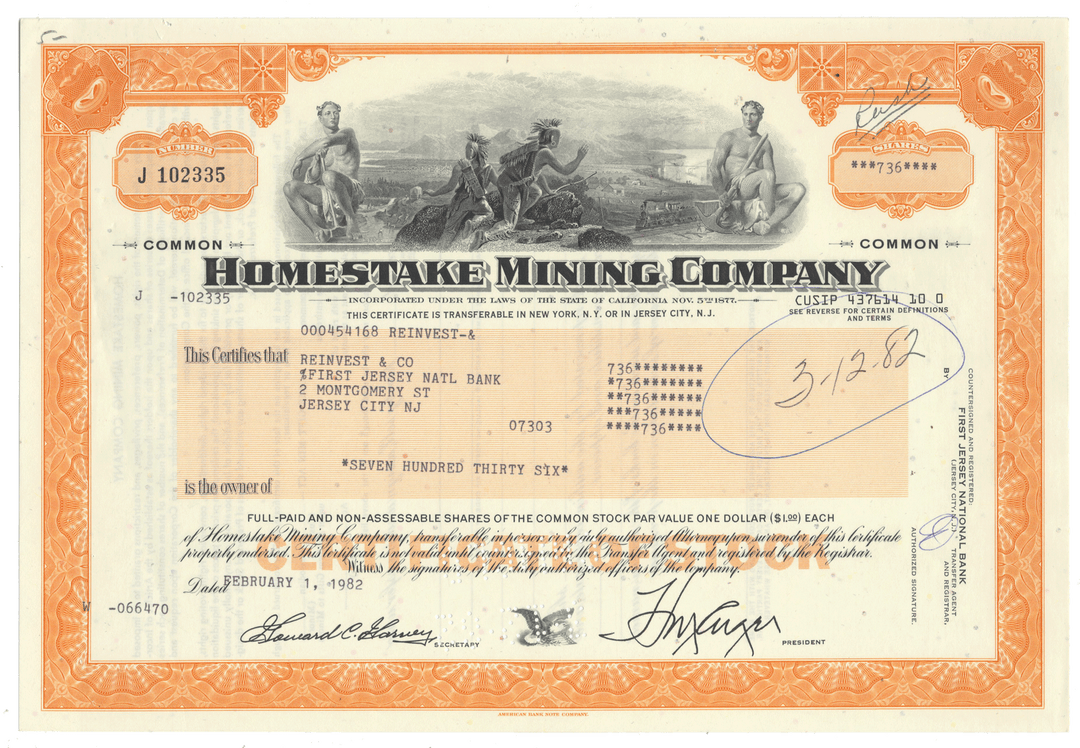 Homestake Mining Company stock certificate from 1982