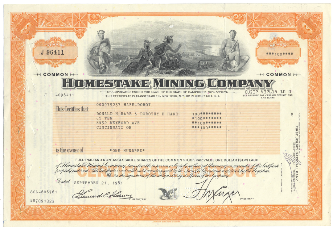 Homestake Mining Company Stock Certificate