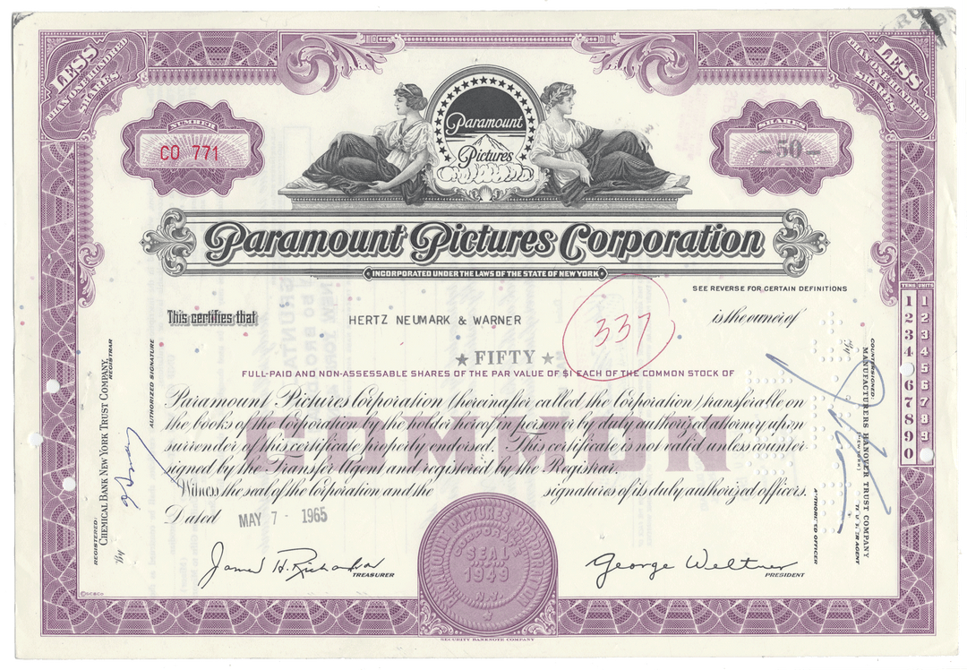 Vintage Paramount Pictures Corporation stock certificate with purple and white design.