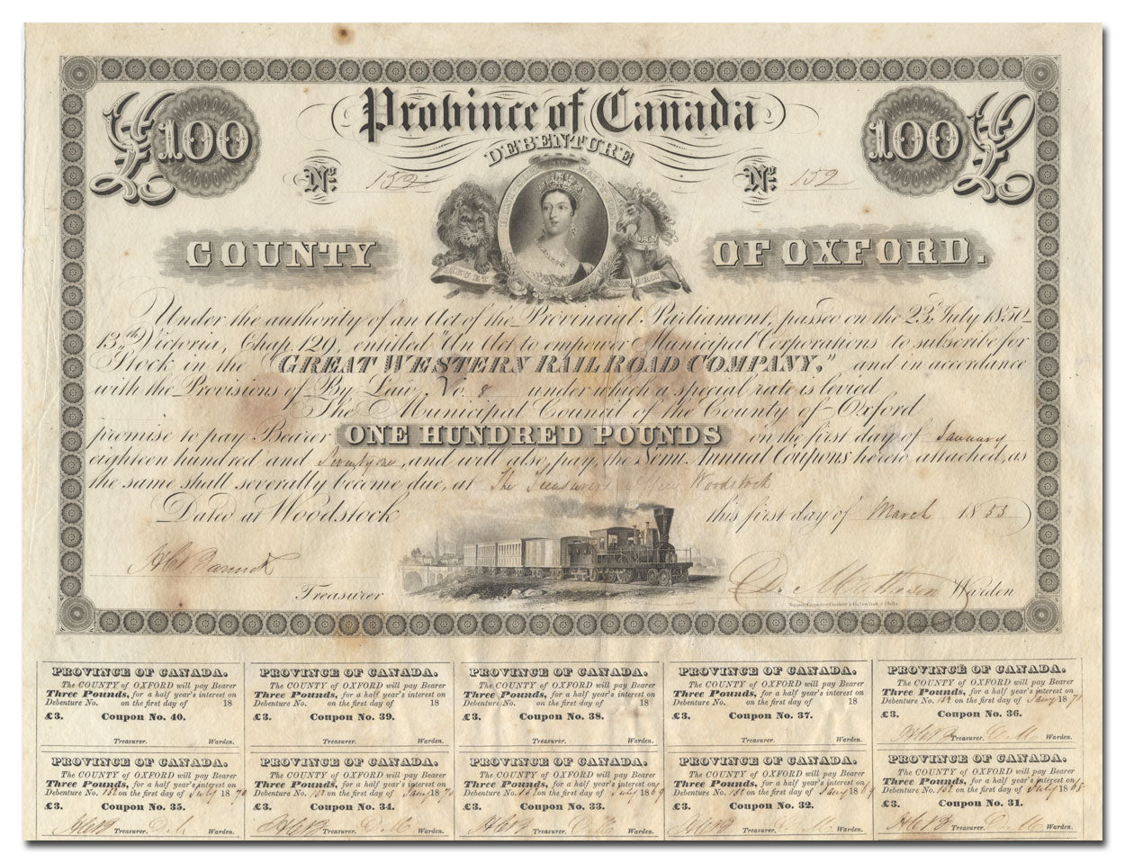 An antique 1853 Province of Canada Government $100 County of Oxford Debenture for the Great Western Railroad Company