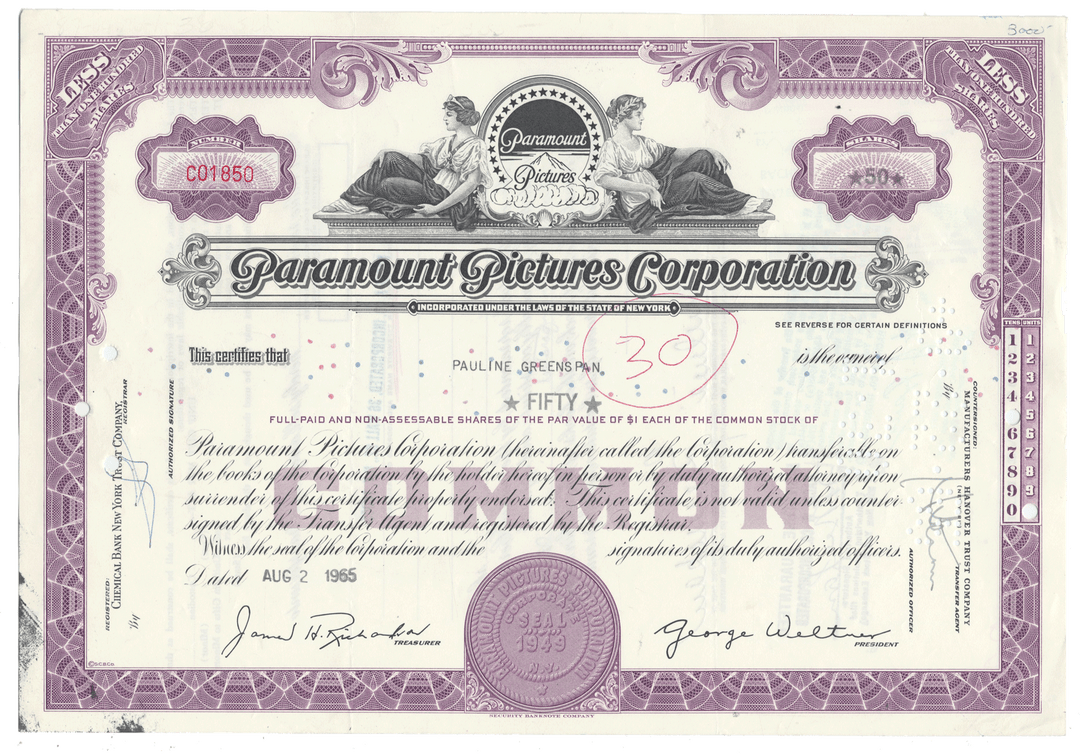 Vintage Paramount Pictures stock certificate from 1965