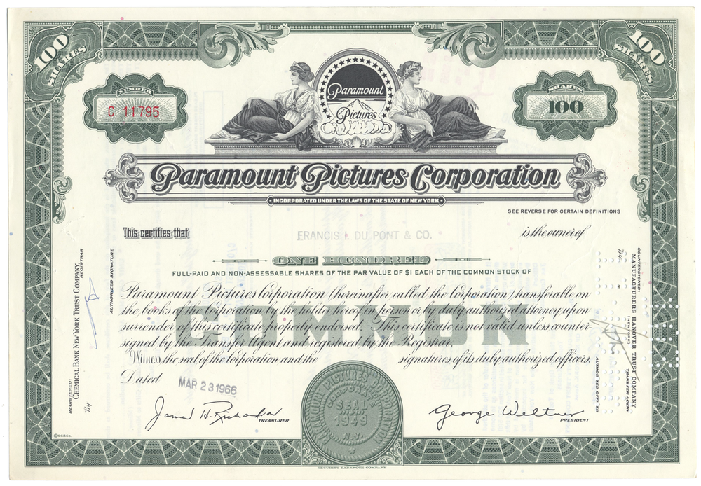 Paramount Pictures Corporation Stock Certificate