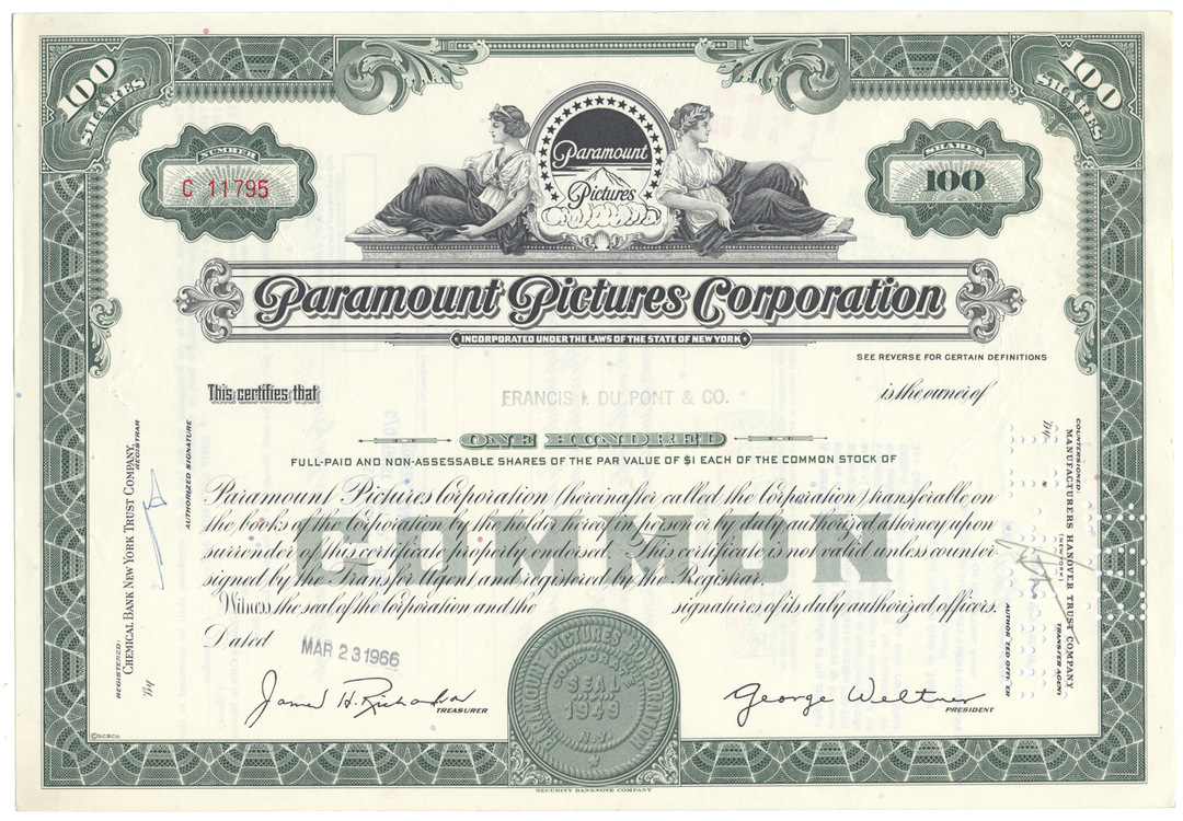 Paramount Pictures Corporation Stock Certificate