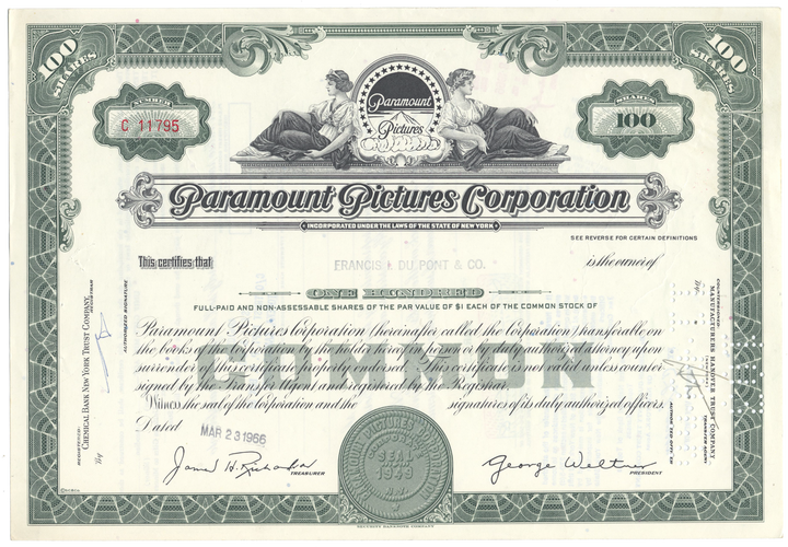 Paramount Pictures Corporation Stock Certificate