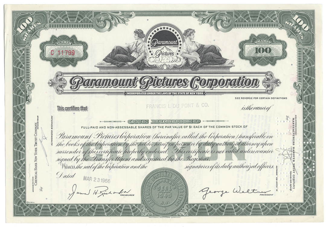 Vintage stock certificate of Paramount Pictures Corporation with decorative elements.