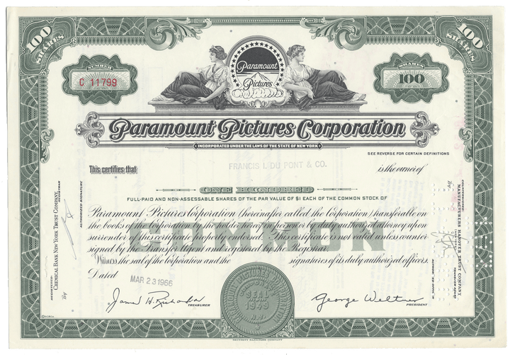 Vintage stock certificate of Paramount Pictures Corporation with decorative elements.