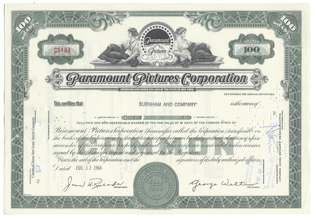 Paramount Pictures Corporation stock certificate with decorative elements and text.