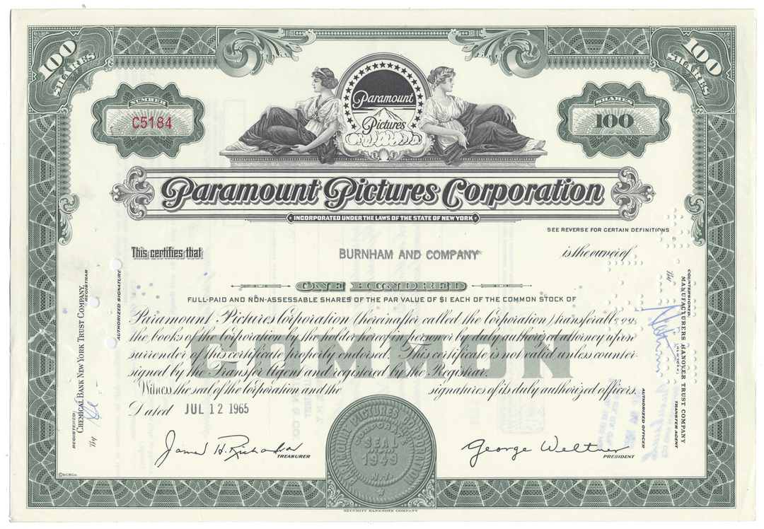 Paramount Pictures Corporation stock certificate with decorative elements and text.