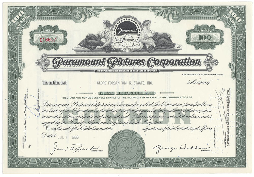 Share certificate of Paramount Pictures Corporation with decorative elements and text.