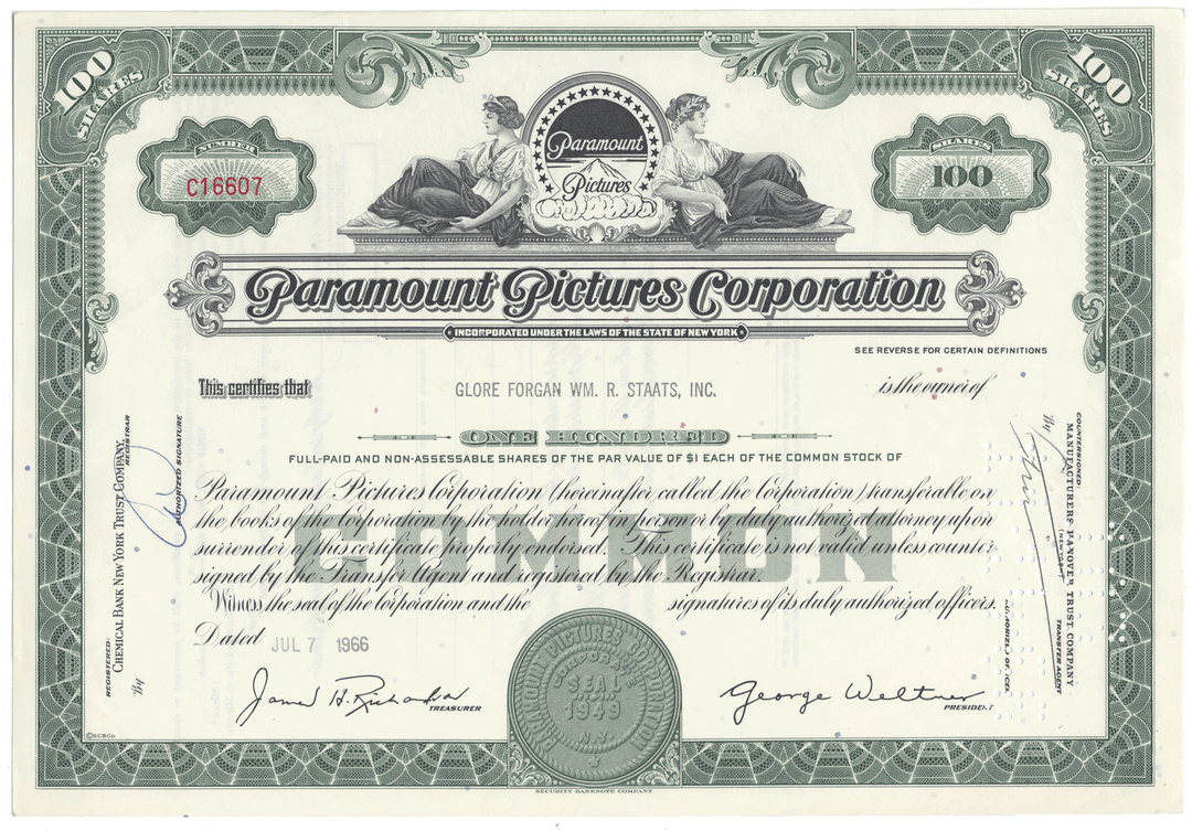 Share certificate of Paramount Pictures Corporation with decorative elements and text.