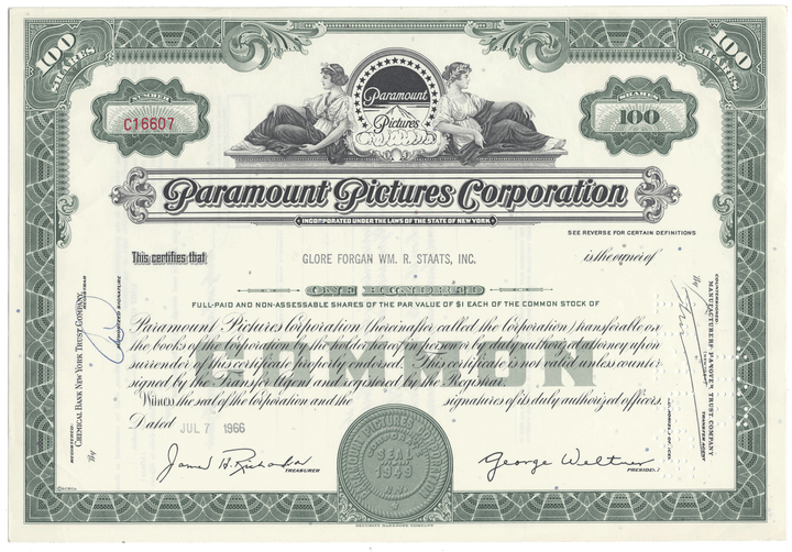 Share certificate of Paramount Pictures Corporation with decorative elements and text.