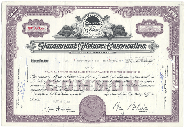 Paramount Pictures Corporation Stock Certificate