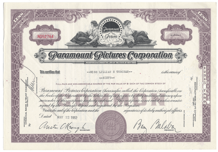 Paramount Pictures Corporation Stock Certificate