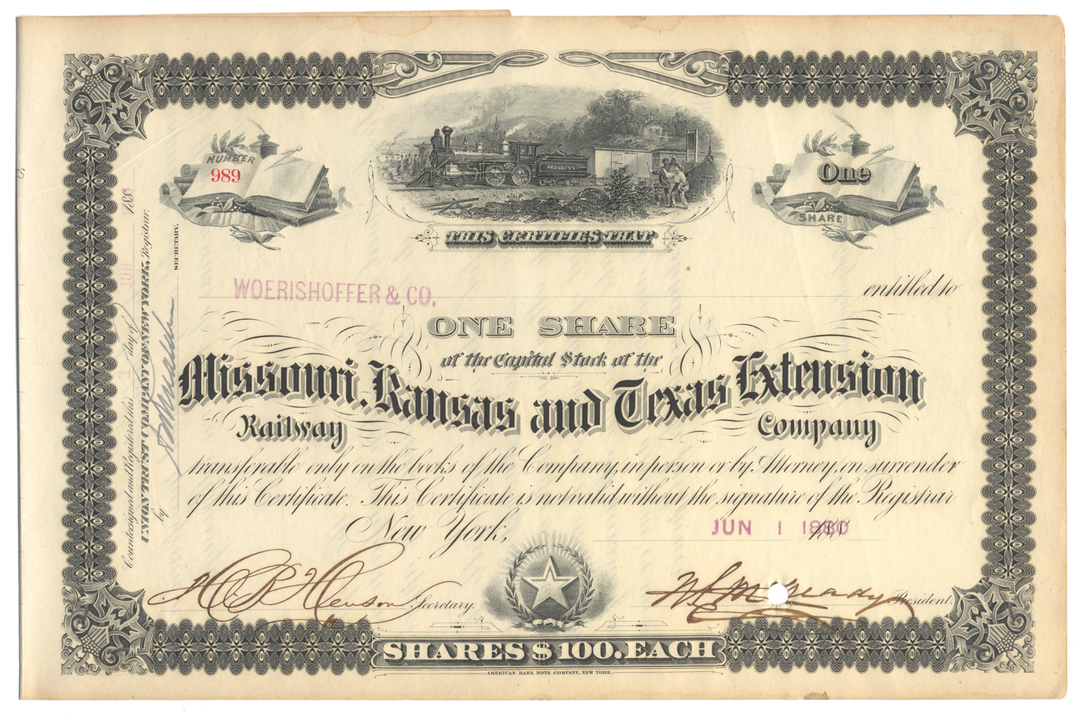 Missouri, Kansas and Texas Extension Railway Company Stock Certificate