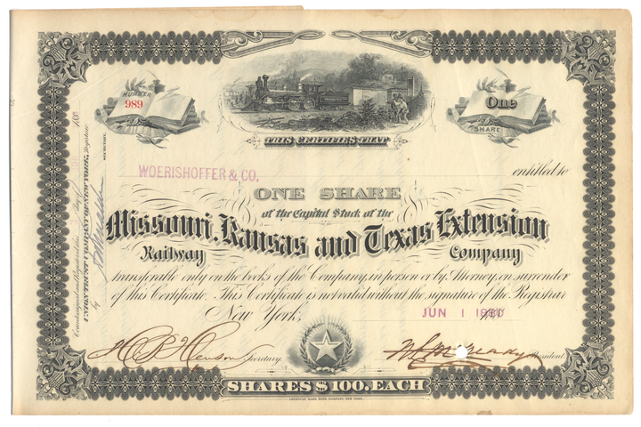 Missouri, Kansas and Texas Extension Railway Company Stock Certificate